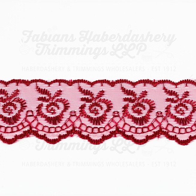 1½ inch Burgundy Embroidered Lace, 27.4m