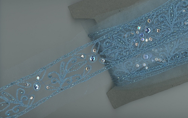 Blue Embroidered Net Trim (Rhinestones), 10m